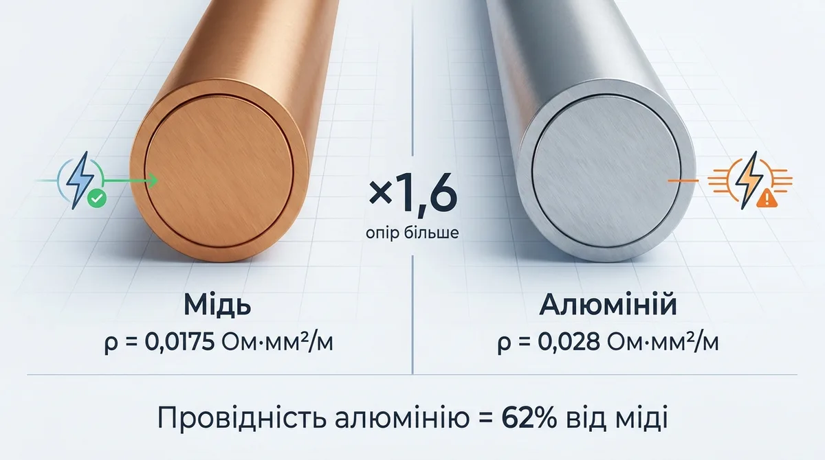 Порівняння перерізу мідного і алюмінієвого кабелів: мідь 0,0175 Ом·мм²/м проти алюмінію 0,028 — у 1,6 разу більший опір