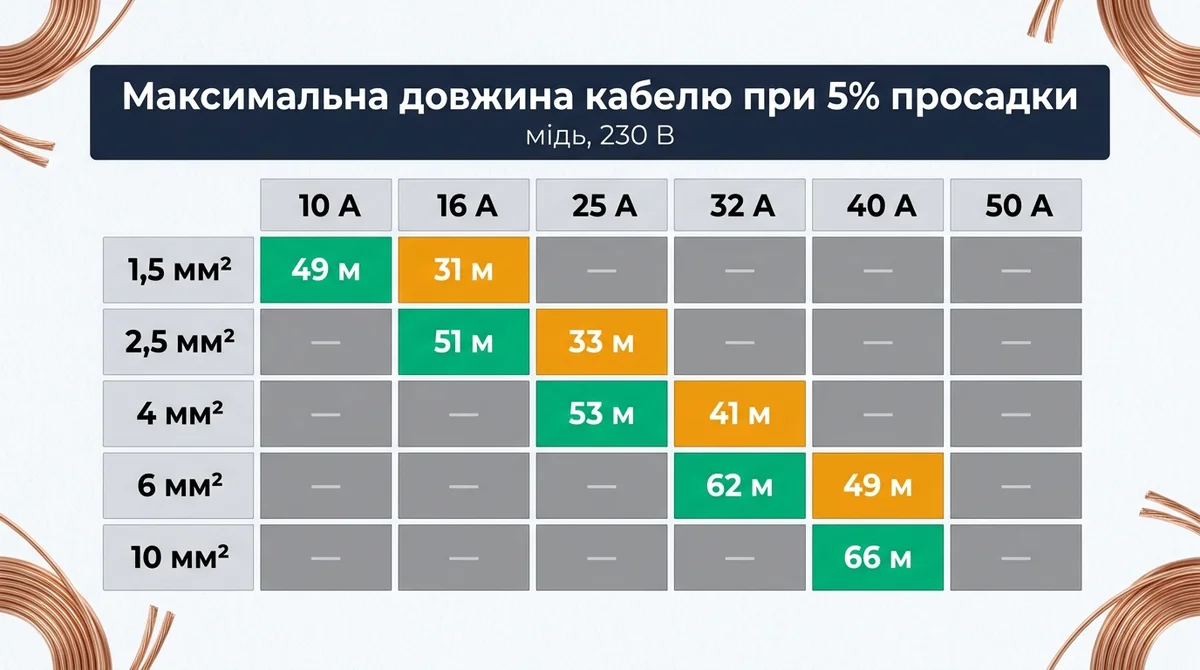 Інфографіка-таблиця: максимальна довжина мідного кабелю при 5% падінні напруги для перерізів 1,5 / 2,5 / 4 / 6 / 10 мм² і струмів 10–50 А