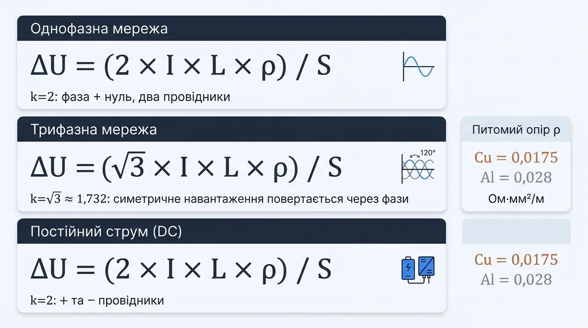 Три формули падіння напруги: однофазна (k=2), трифазна (k=√3), постійний струм (k=2) з питомими опорами міді 0,0175 і алюмінію 0,028 Ом·мм²/м
