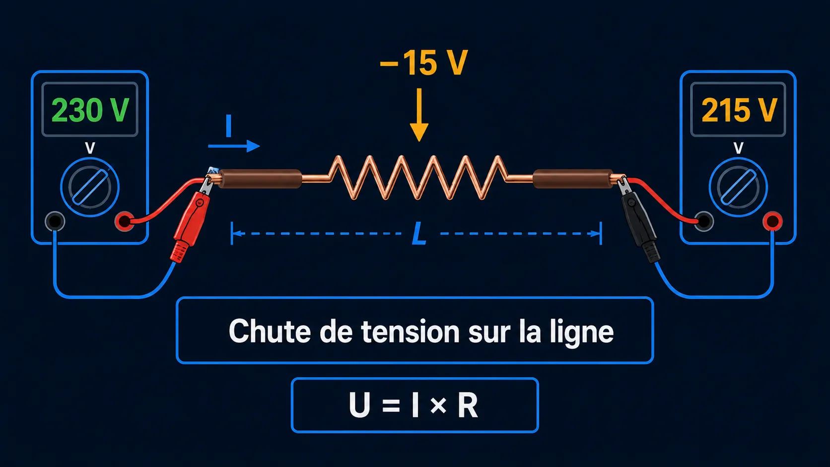 Le câble vu comme une résistance : 230 V à l'entrée, 215 V au bout après la chute le long du conducteur