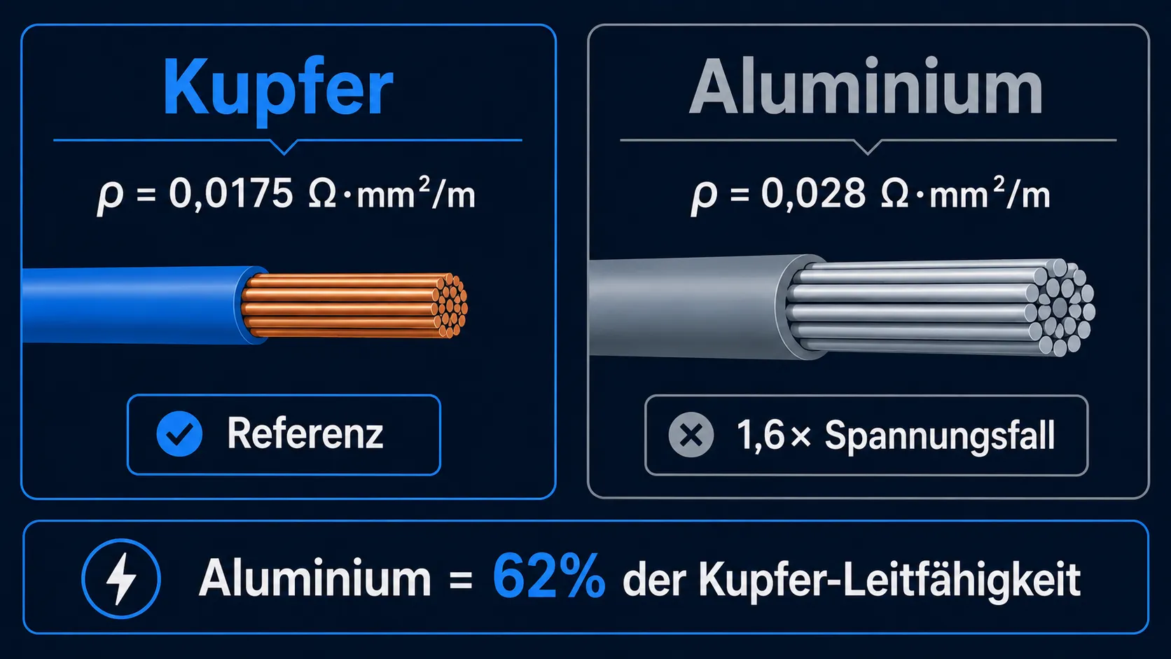 Vergleich der Querschnitte von Kupfer- und Aluminiumleitung: Kupfer 0,0175 Ω·mm²/m gegen Aluminium 0,028 — 1,6-facher Widerstand