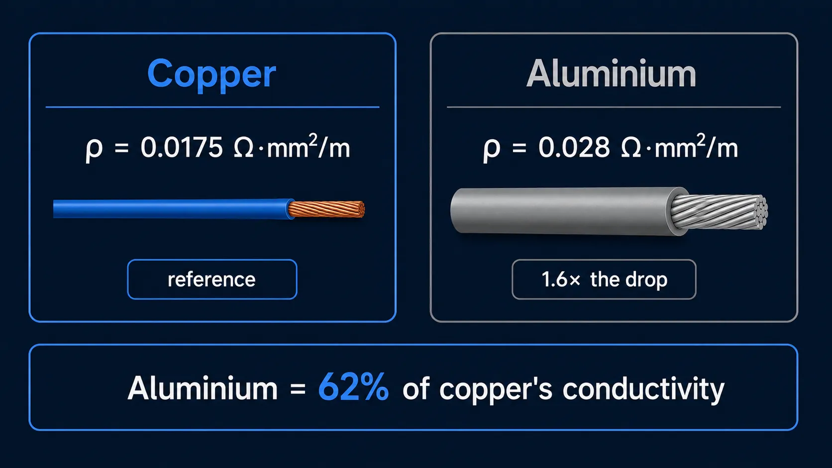 Comparing copper and aluminium cable cross-sections: copper 0.0175 Ω·mm²/m against aluminium 0.028 — 1.6 times the resistance