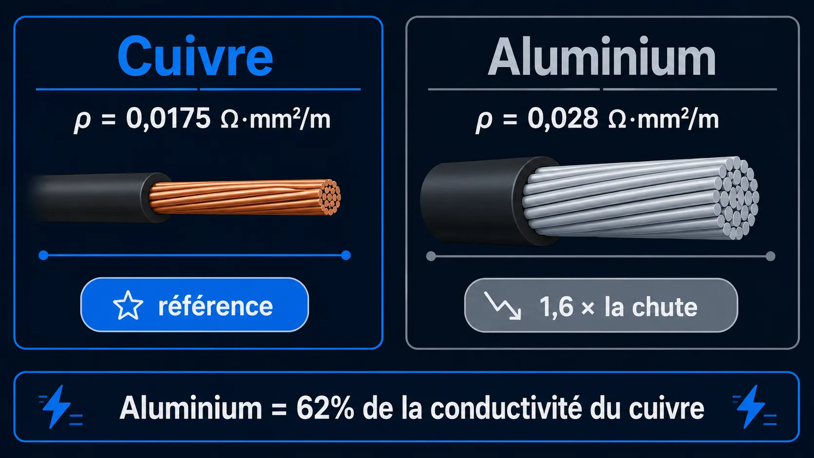 Comparaison des sections de câble cuivre et aluminium : cuivre 0,0175 Ω·mm²/m contre aluminium 0,028 — 1,6 fois plus de résistance