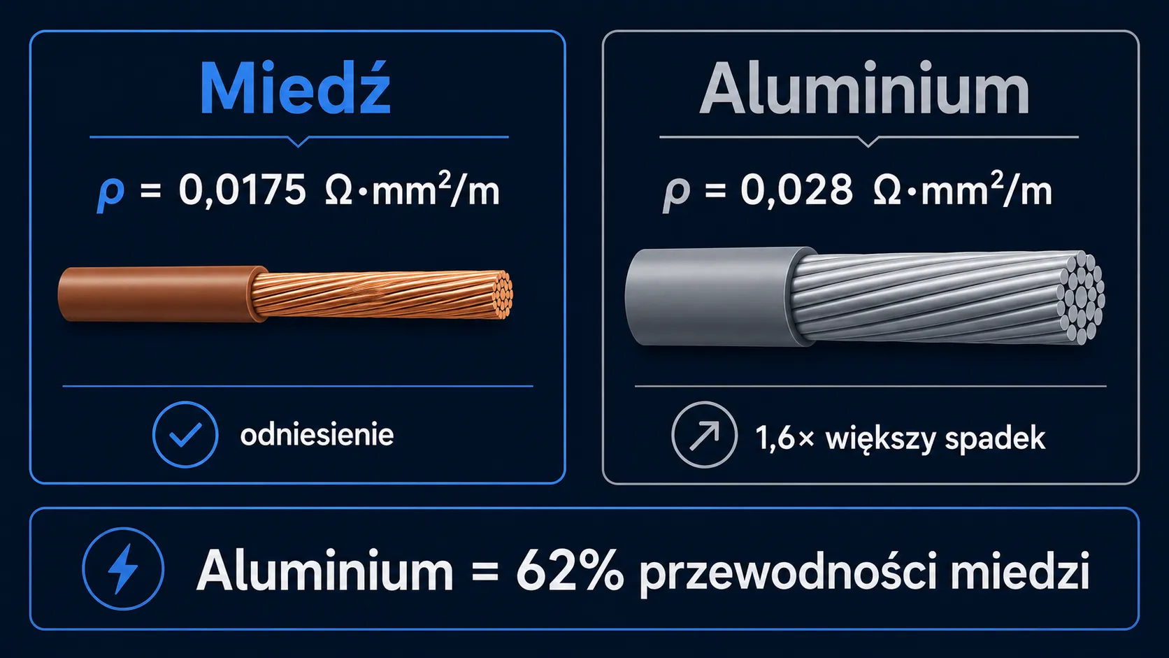 Porównanie przekrojów kabla miedzianego i aluminiowego: miedź 0,0175 Ω·mm²/m wobec aluminium 0,028 — 1,6 raza większy opór