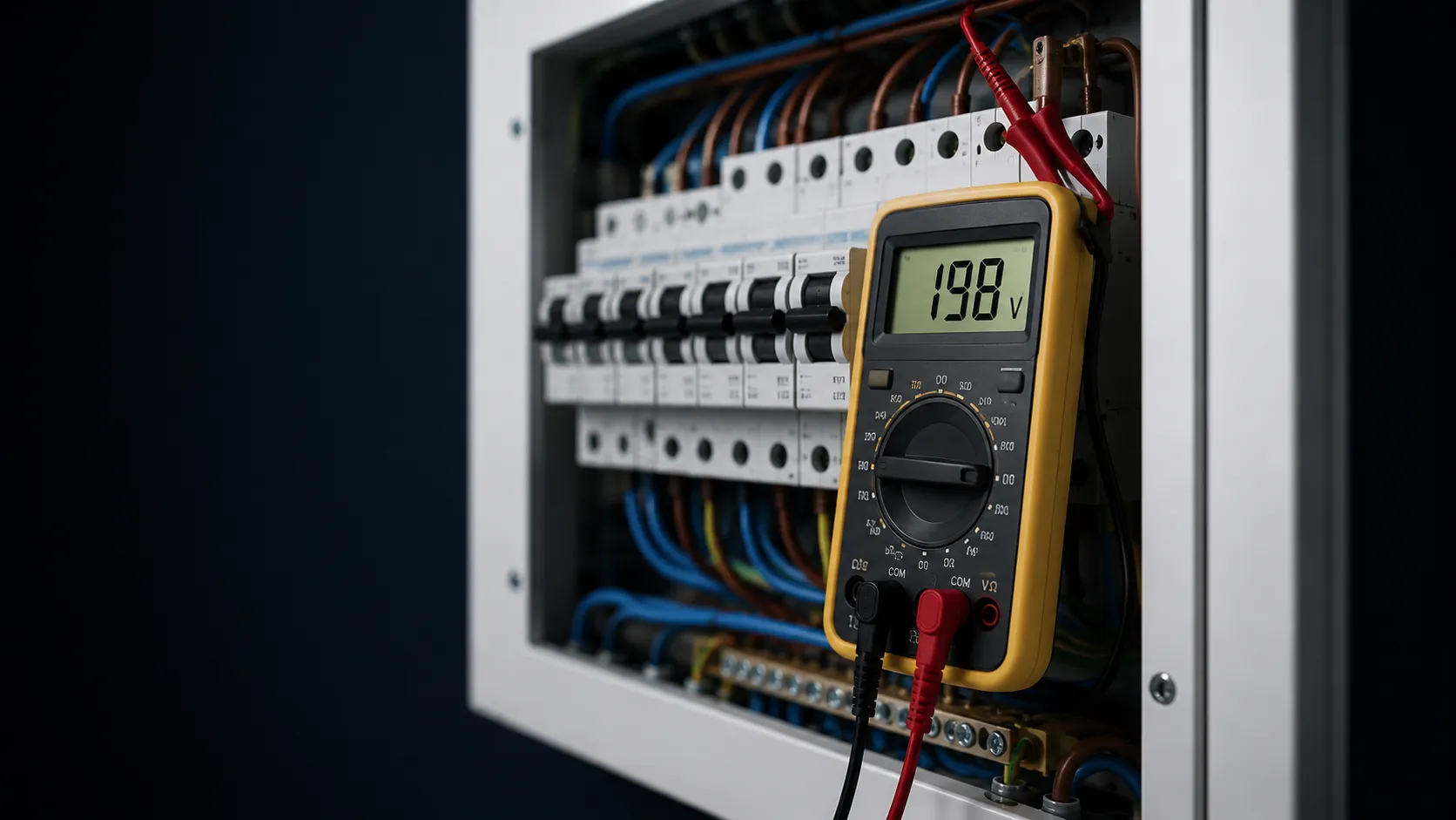 Un multímetro marcando una tensión hundida en el extremo lejano de un cable de cobre largo dentro de un cuadro eléctrico