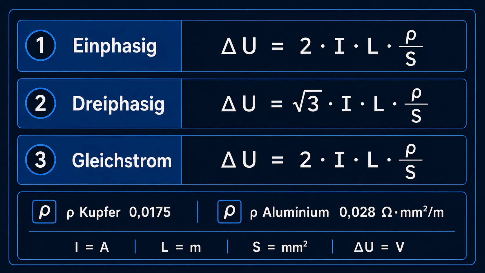 Drei Spannungsfall-Formeln: einphasig (k=2), dreiphasig (k=√3) und Gleichstrom (k=2), mit spezifischem Widerstand Kupfer 0,0175 und Aluminium 0,028 Ω·mm²/m