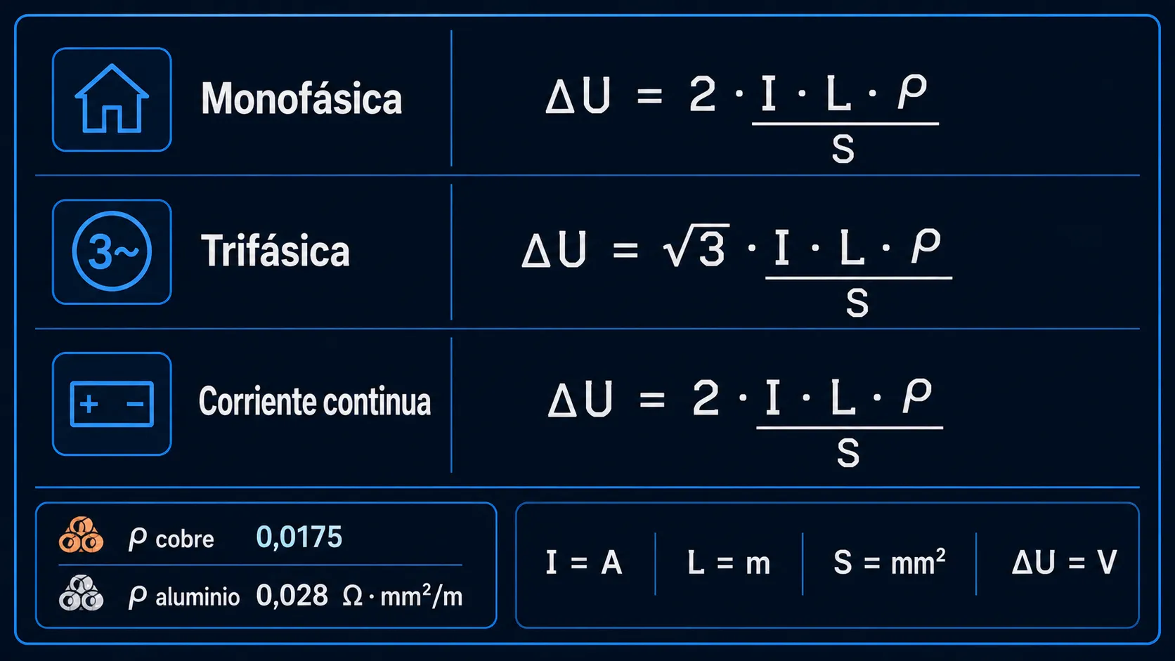Tres fórmulas de caída de tensión: monofásica (k=2), trifásica (k=√3) y CC (k=2), con resistividad del cobre 0,0175 y del aluminio 0,028 Ω·mm²/m