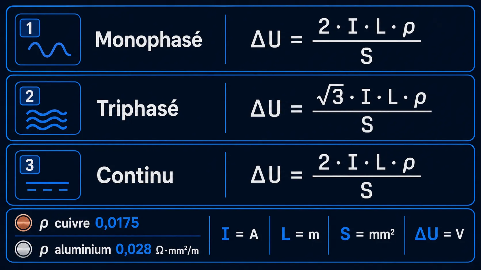 Trois formules de chute de tension : monophasé (k=2), triphasé (k=√3) et continu (k=2), avec les résistivités cuivre 0,0175 et aluminium 0,028 Ω·mm²/m