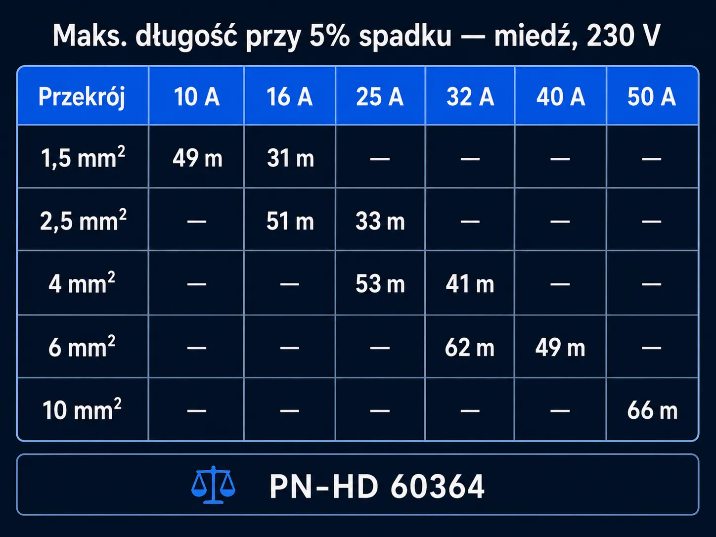 Infografika-tabela: maksymalna długość kabla miedzianego przy 5% spadku napięcia dla przekrojów 1,5 / 2,5 / 4 / 6 / 10 mm² i prądów 10–50 A