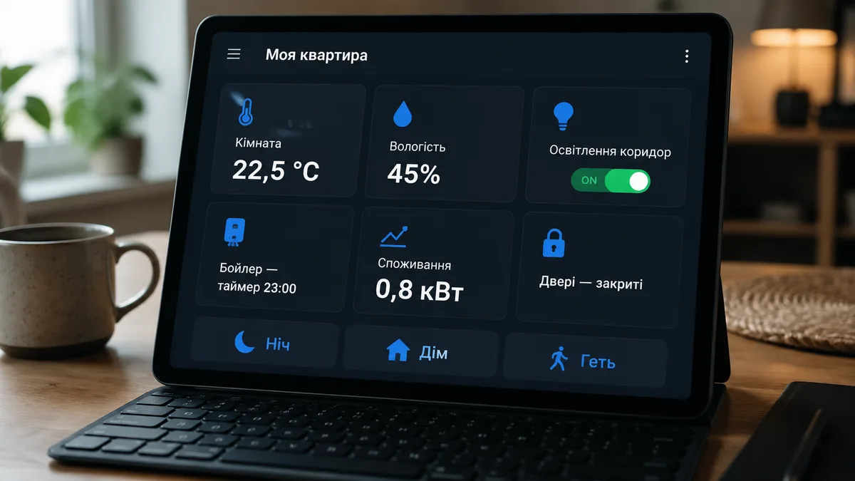 Дешборд Home Assistant на планшеті: статус кімнати 22,5 °C, вологість 45%, освітлення коридор ON, бойлер на таймері 23:00, споживання 0,8 кВт, сценарії Ніч/Дім/Геть