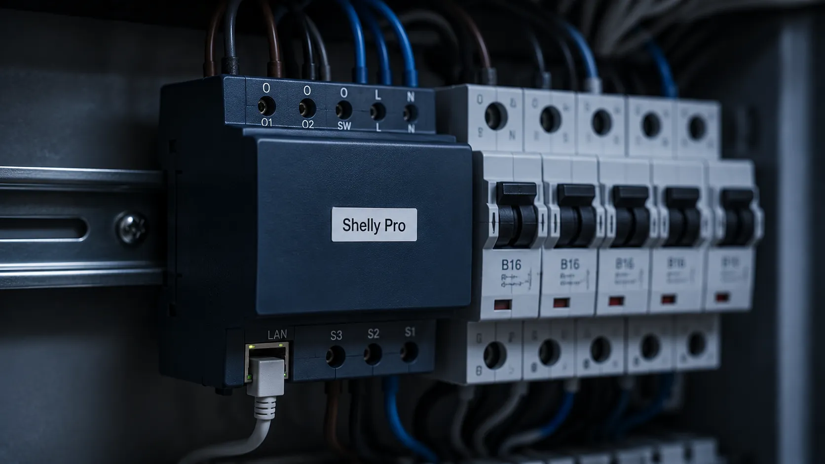 Modul Shelly Pro na DIN liště v rozváděči vedle jističů
