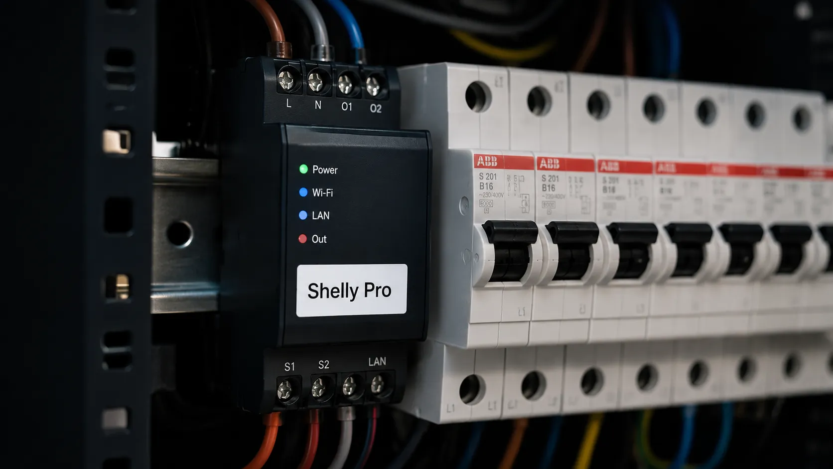 Ein Shelly-Pro-Modul auf der Hutschiene im Verteiler, neben den Sicherungsautomaten