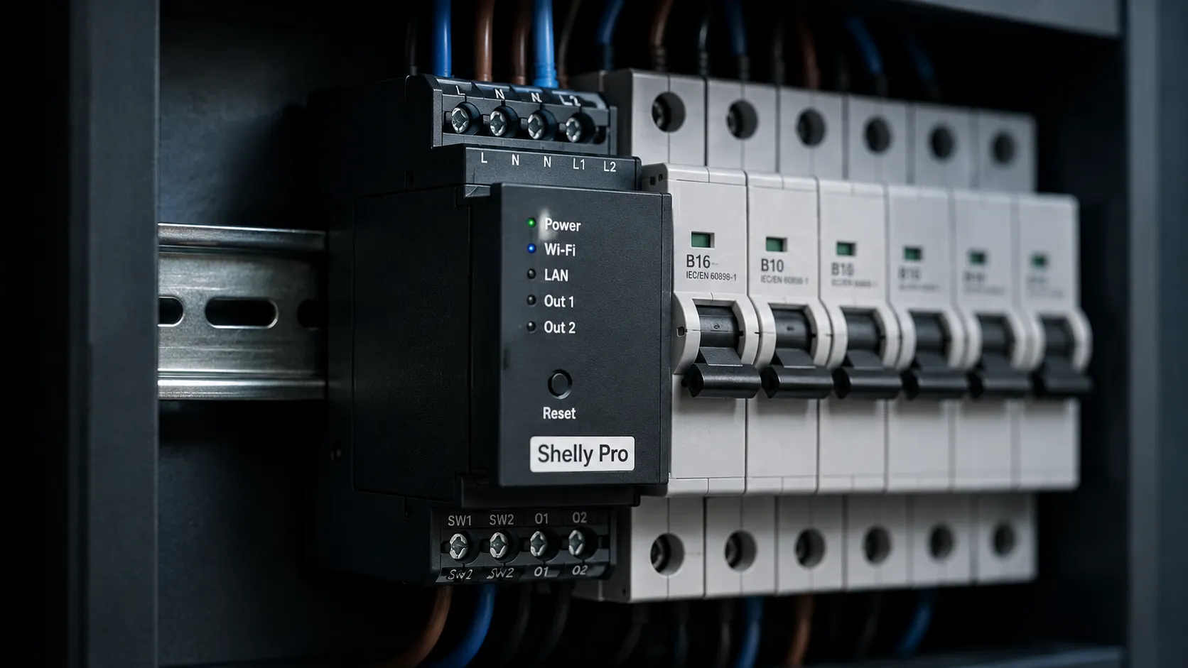 A Shelly Pro module on the DIN rail inside a consumer unit, next to the MCBs