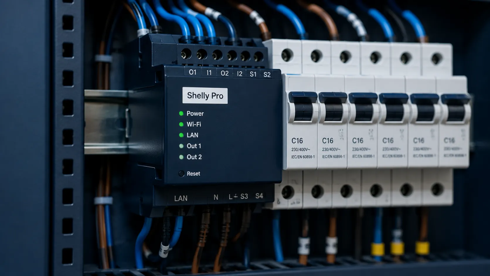Un módulo Shelly Pro en el carril DIN dentro de un cuadro eléctrico, junto a los magnetotérmicos