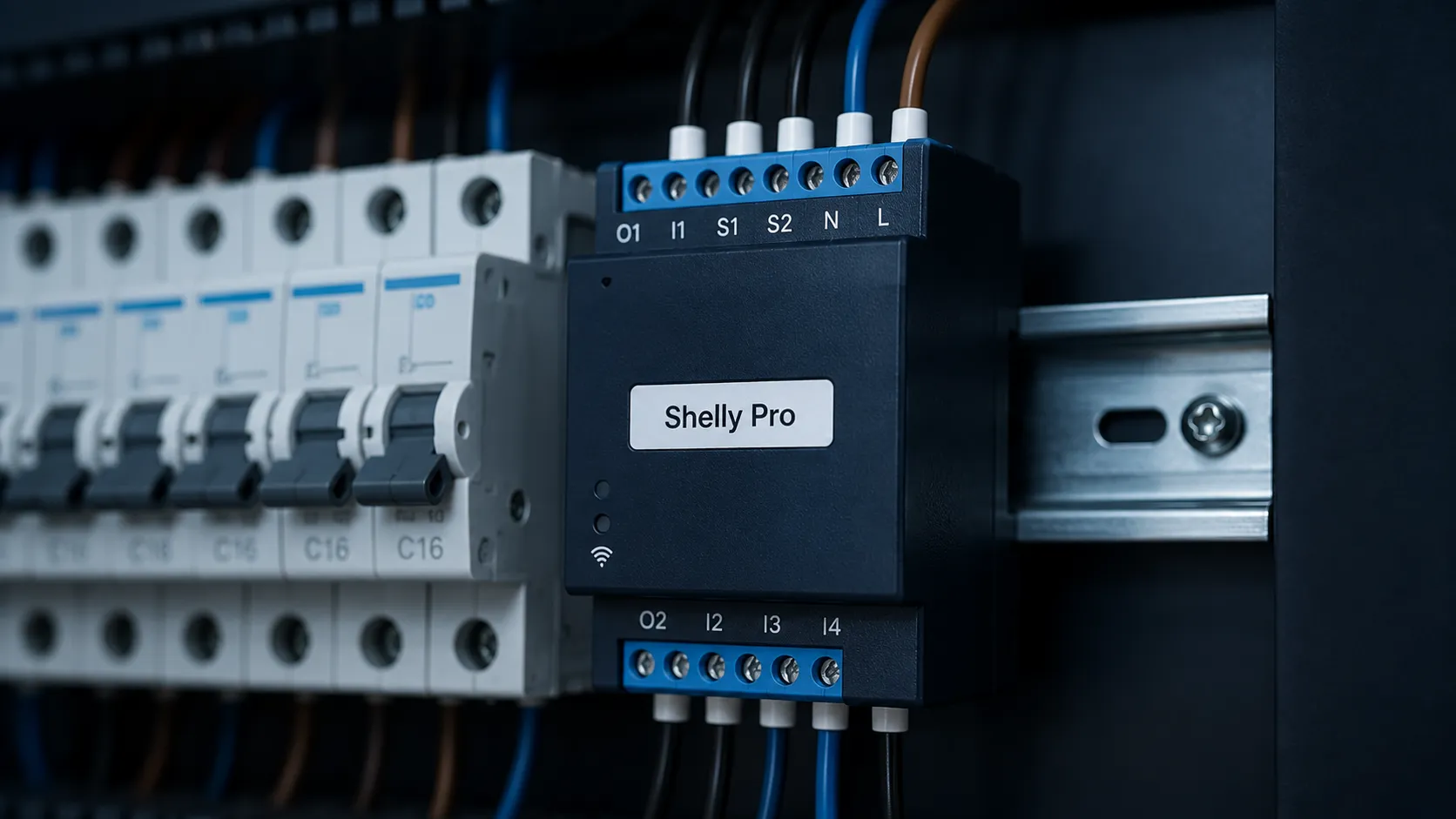 Un module Shelly Pro sur rail DIN à l'intérieur d'un tableau électrique, à côté des disjoncteurs