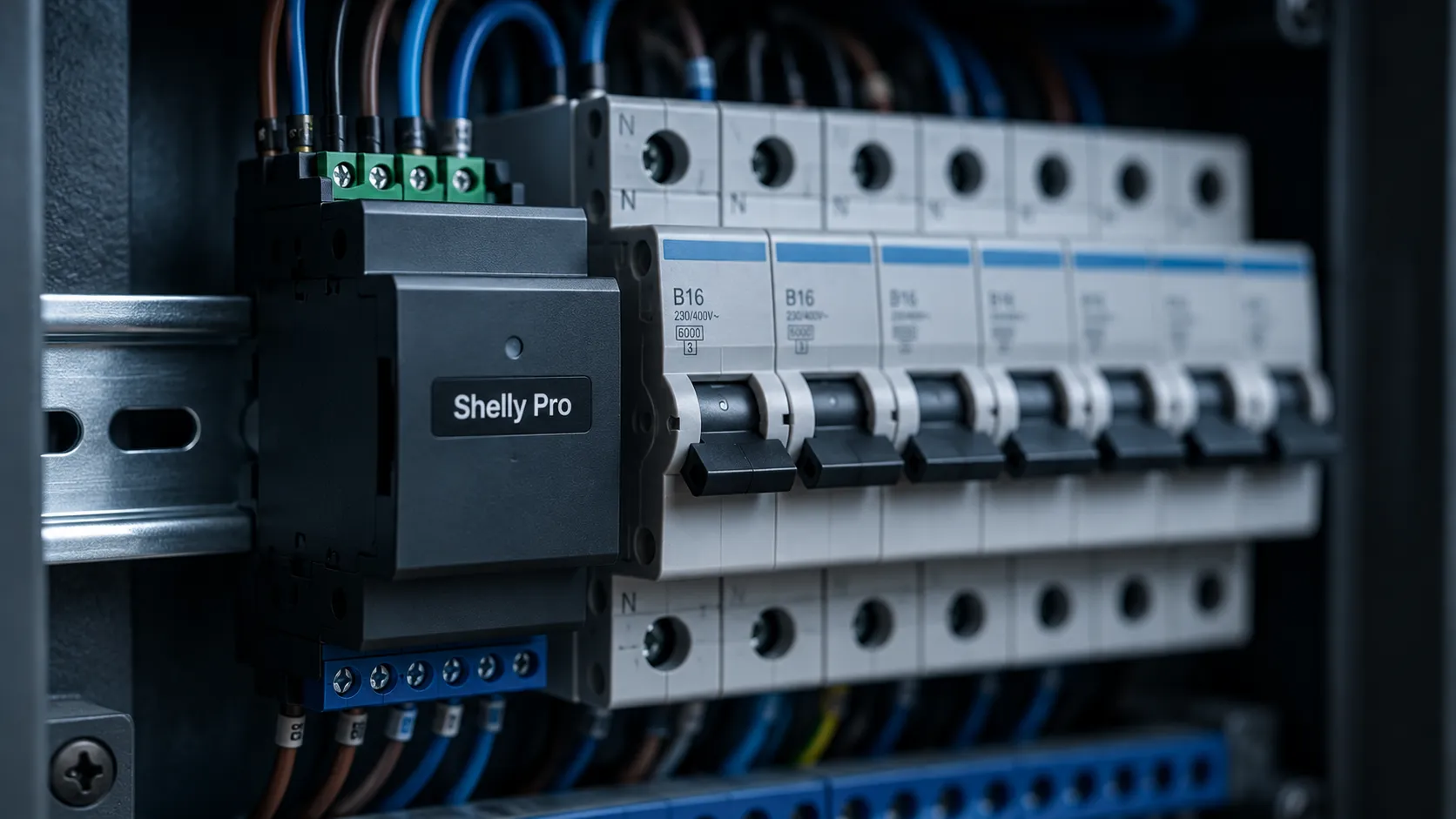 Moduł Shelly Pro na szynie DIN w rozdzielnicy, obok wyłączników nadprądowych