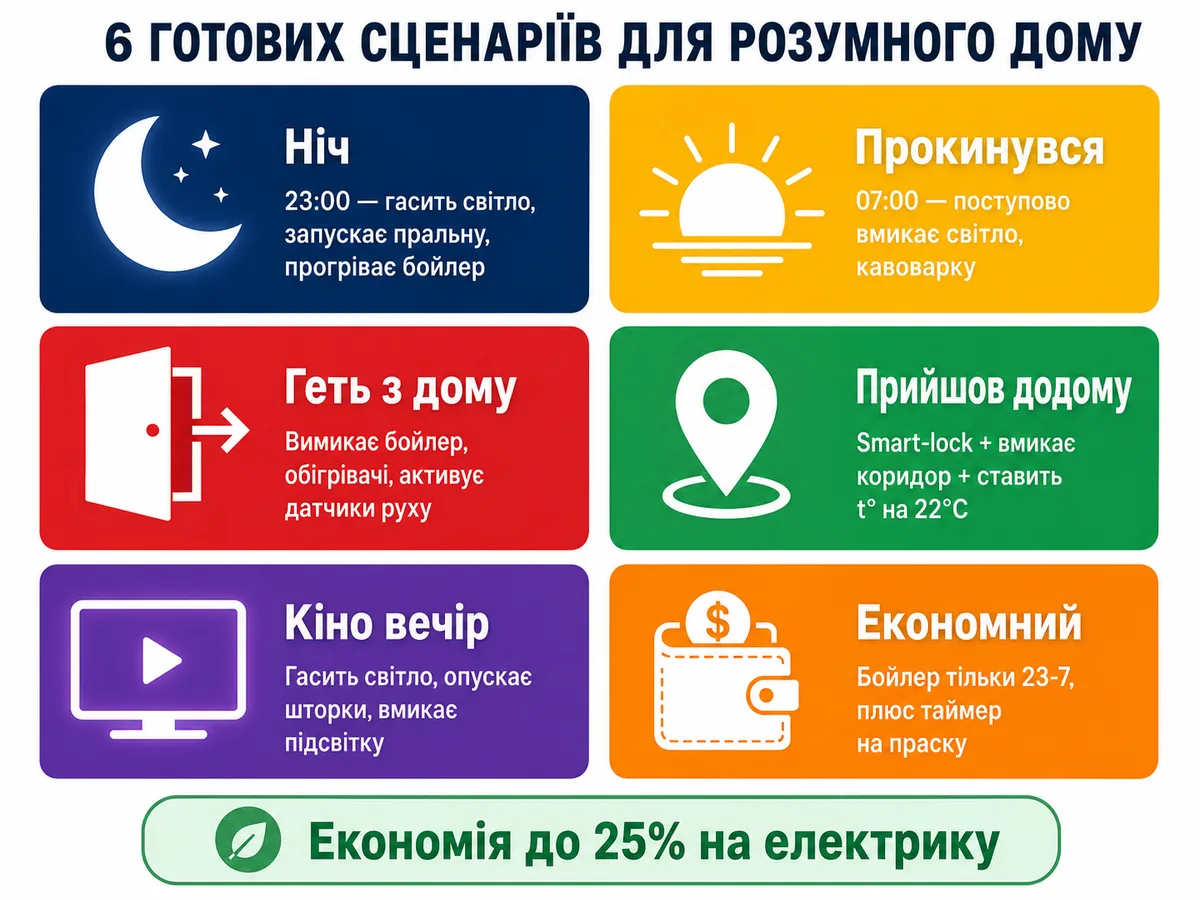 6 готових сценаріїв для розумного дому: Ніч, Прокинувся, Геть з дому, Прийшов додому, Кіно вечір, Економний — економія до 25% на електрику