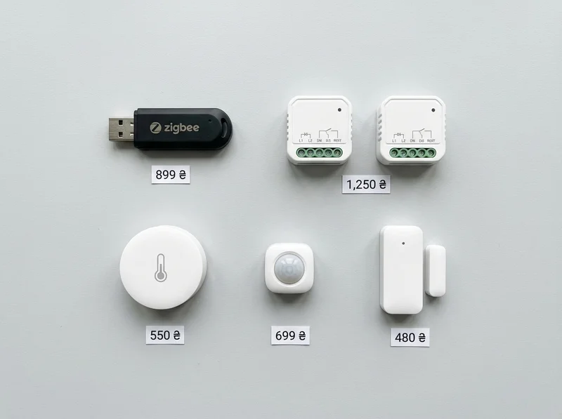 Стартовий набір Zigbee для розумного дому: координатор, два реле, датчики температури, руху та відчинення з цінами в гривнях