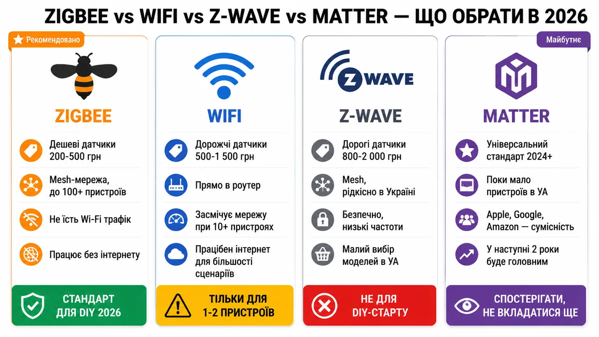 Порівняння бездротових протоколів для розумного дому 2026: Zigbee (стандарт DIY), WiFi (тільки 1-2 пристрої), Z-Wave (рідко в Україні), Matter (майбутнє стандарту)
