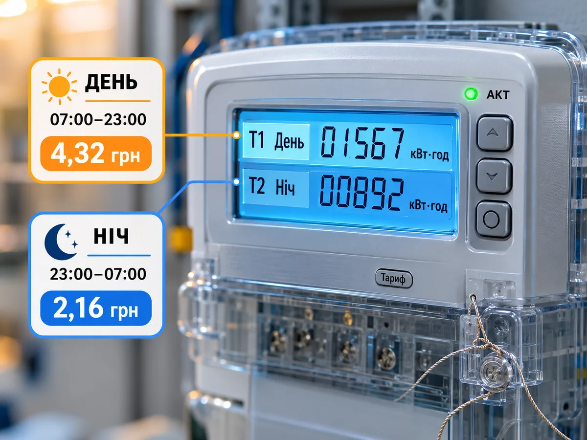 Двозонний електронний лічильник з підсвіченим LCD-дисплеєм: рядок Т1 День 01567 кВт·год за тарифом 4,32 грн (07:00–23:00) та Т2 Ніч 00892 кВт·год за тарифом 2,16 грн (23:00–07:00)