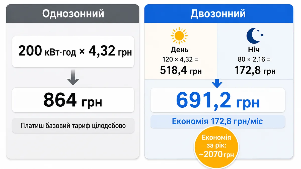 Порівняння рахунку 200 кВт·год на однозонному (864 грн) та двозонному (691,2 грн) лічильнику: економія 172,8 грн за місяць або ~2070 грн за рік