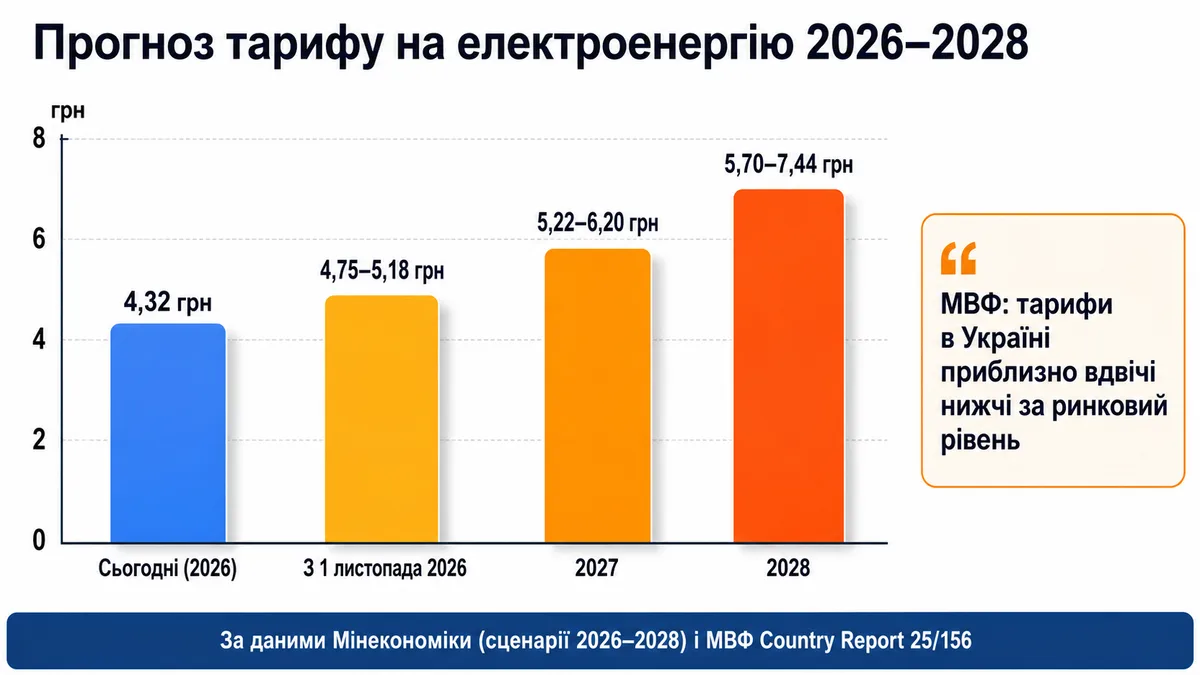 Прогноз тарифу на електроенергію в Україні 2026-2028: сьогодні 4,32 грн, з 1 листопада 2026 — 4,75-5,18, у 2027 — 5,22-6,20, у 2028 — 5,70-7,44 грн/кВт·год за даними Мінекономіки і МВФ