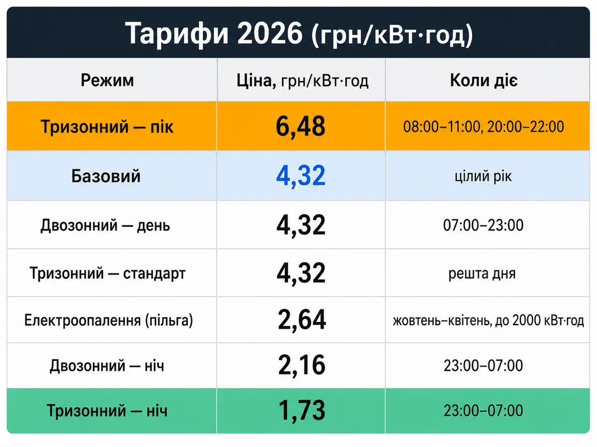 Таблиця тарифів на електроенергію в Україні 2026: базовий 4,32, пільга електроопалення 2,64, двозонний 4,32/2,16, тризонний 6,48/4,32/1,73 грн/кВт·год