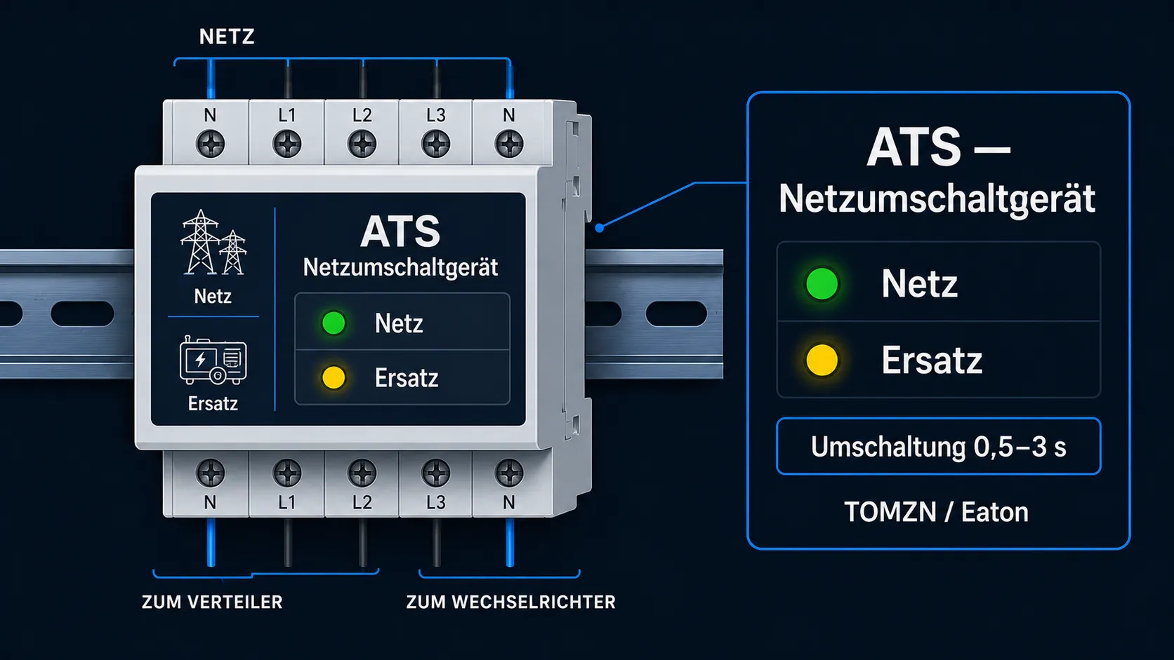 Automatisches Netzumschaltgerät (ATS) auf der Hutschiene mit LED-Anzeige der aktiven Quelle