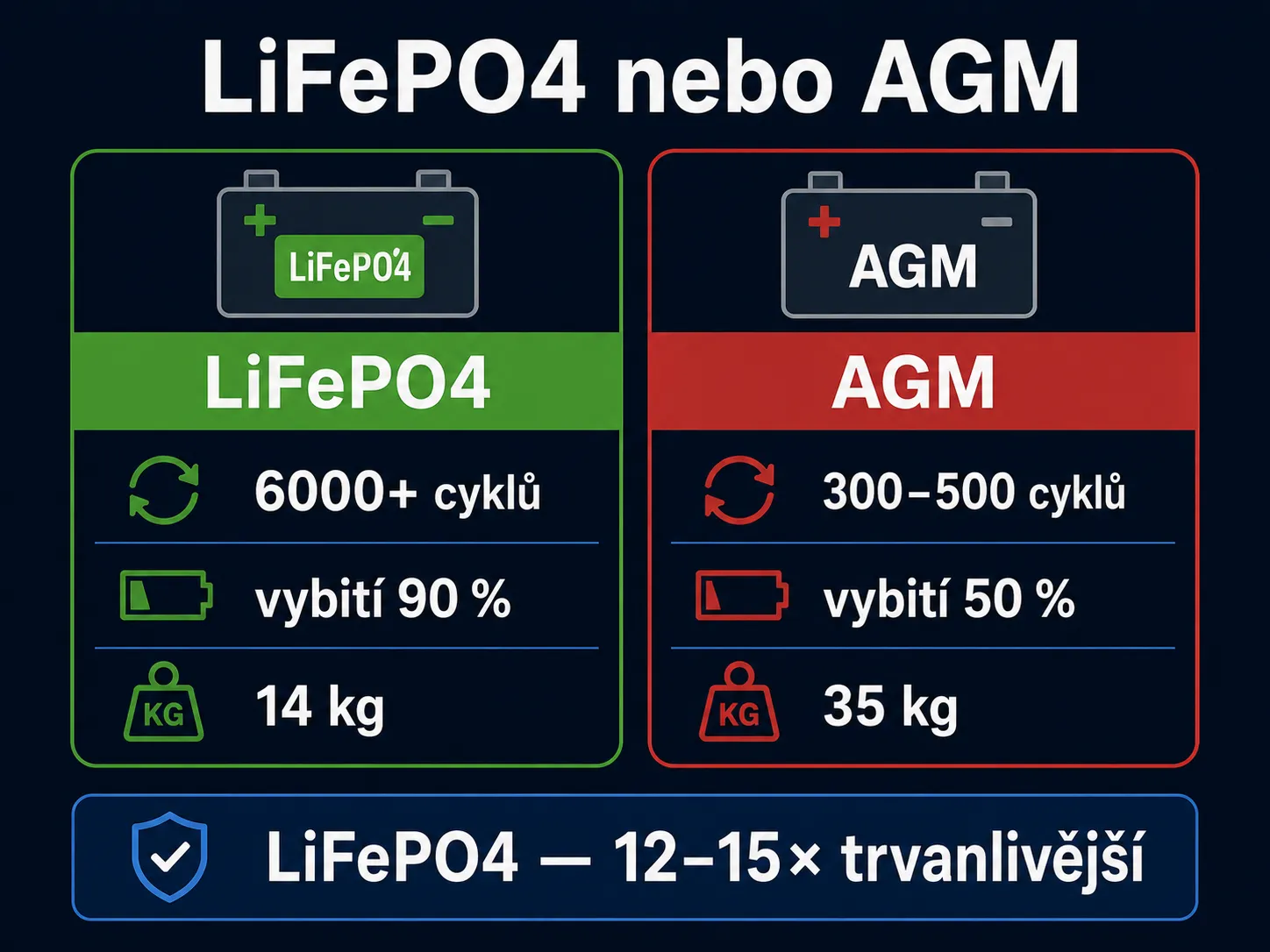 Porovnání baterií LiFePO4 a olověné AGM: životnost 6000+ cyklů proti 300-500, vybití 90 % proti 50 %, hmotnost 14 kg proti 35 kg — LiFePO4 je 12-15krát trvanlivější