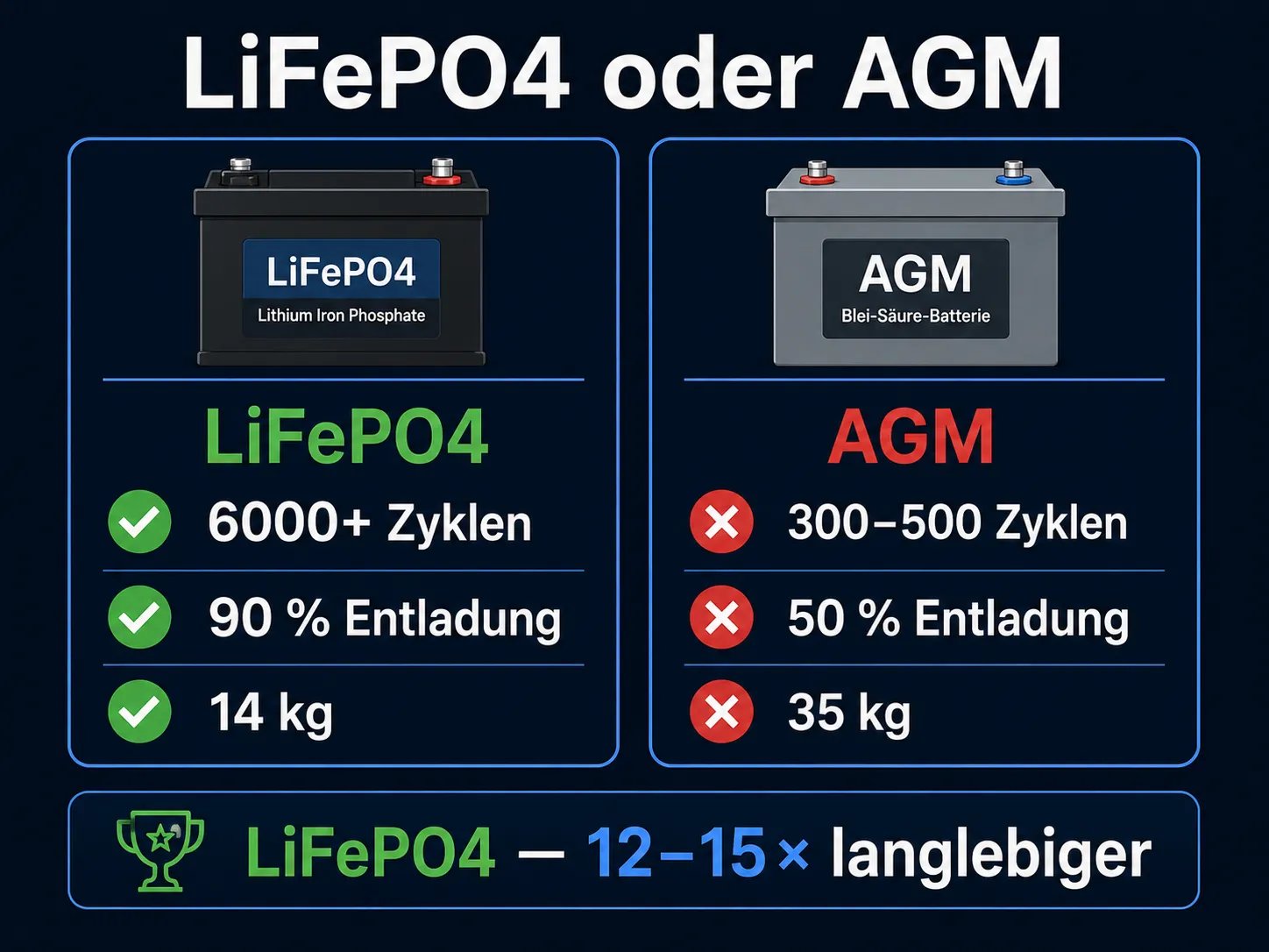 Vergleich LiFePO4 gegen Blei-AGM: über 6000 Zyklen gegen 300-500, 90 Prozent Entladetiefe gegen 50 Prozent, 14 kg gegen 35 kg — LiFePO4 hält 12- bis 15-mal länger