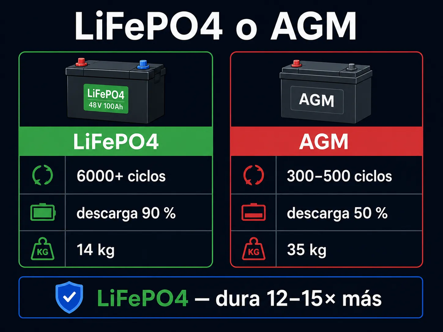 Comparativa de baterías LiFePO4 y plomo AGM: más de 6.000 ciclos frente a 300-500, descarga del 90 % frente al 50 %, 14 kg frente a 35 kg — la LiFePO4 dura entre 12 y 15 veces más