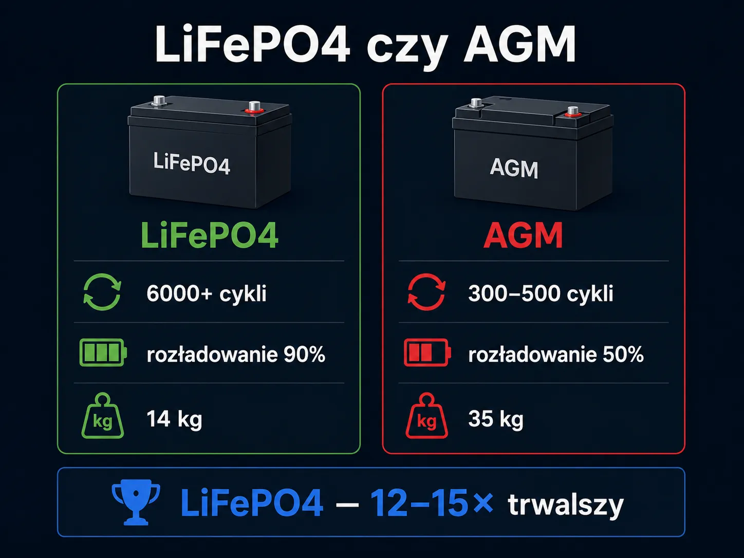 Porównanie akumulatorów LiFePO4 i ołowiowego AGM: żywotność 6000+ cykli wobec 300-500, rozładowanie 90% wobec 50%, waga 14 kg wobec 35 kg — LiFePO4 jest 12-15 razy trwalszy