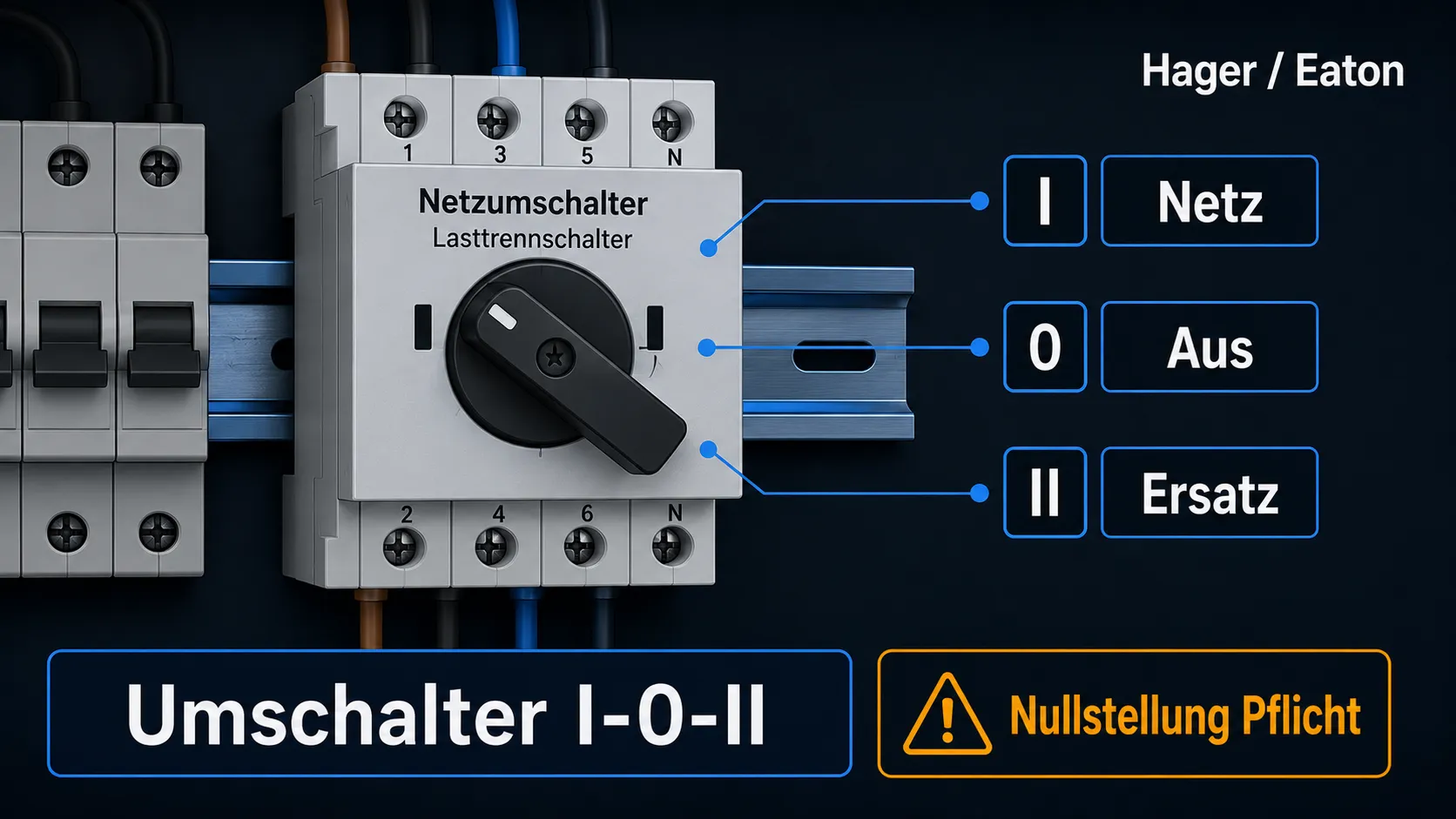 Netzumschalter auf der Hutschiene im Verteiler: drei Stellungen I-0-II zum Umschalten zwischen Netz und Ersatzstrom