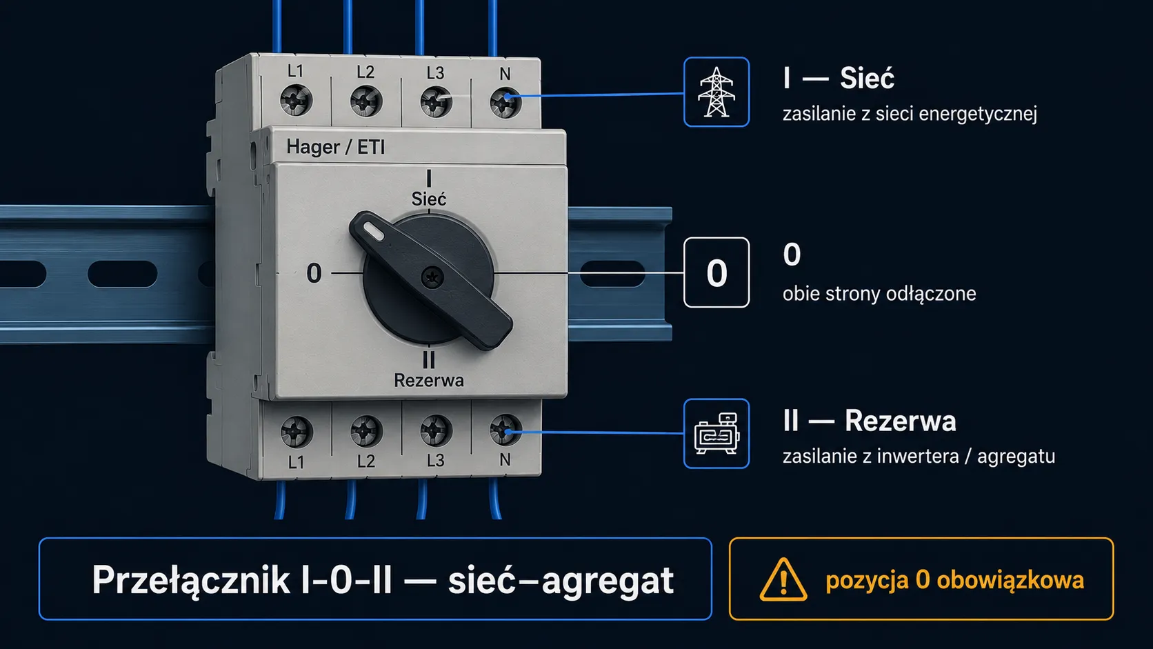 Przełącznik źródeł zasilania I-0-II na szynie DIN w rozdzielnicy: trzy pozycje do przełączania między siecią a zasilaniem rezerwowym