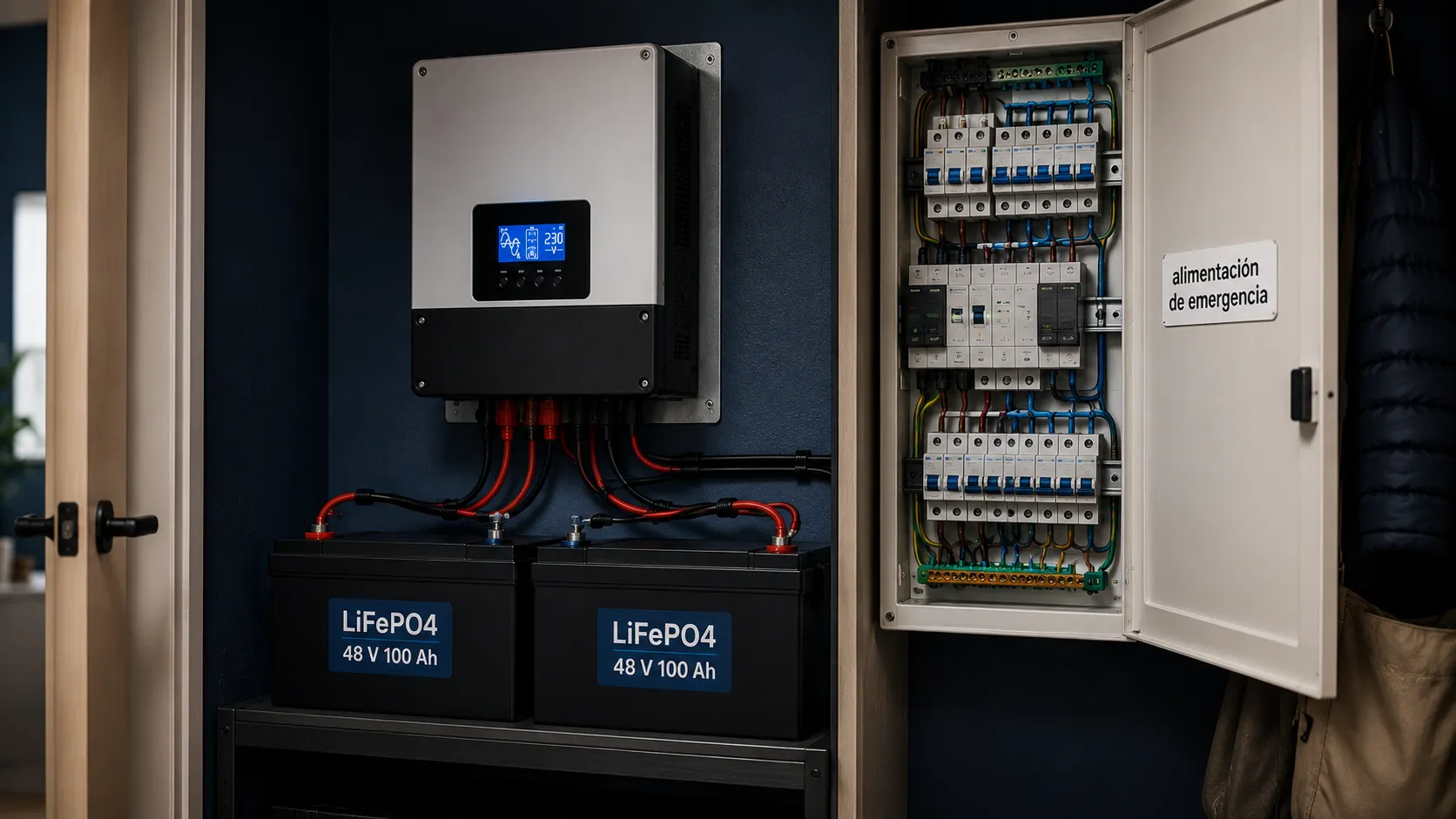 Inversor con baterías conectado al cuadro eléctrico de una vivienda a través de un conmutador de redes