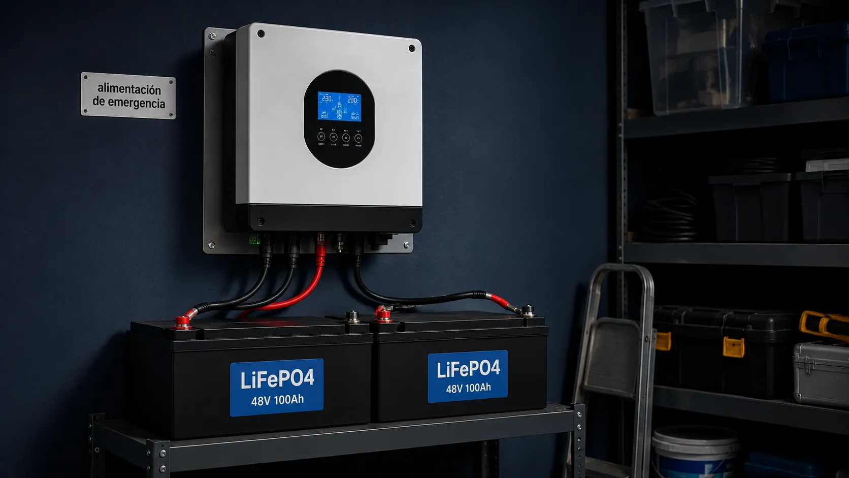 Inversor con pantalla LCD en la pared y dos baterías LiFePO4 en una estantería del trastero — ejemplo de montaje limpio de alimentación de respaldo