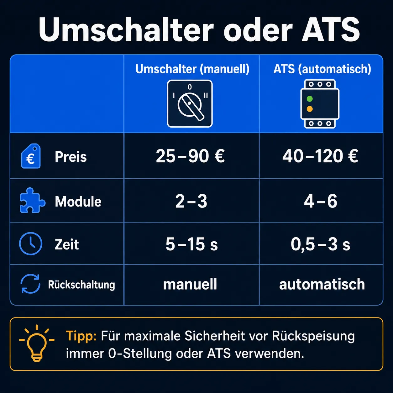 Netzumschalter gegen ATS: 25-90 Euro gegen 40-120 Euro, 2-3 Module gegen 4-6, manuell in 5-15 Sekunden gegen automatisch 0,5-3 Sekunden