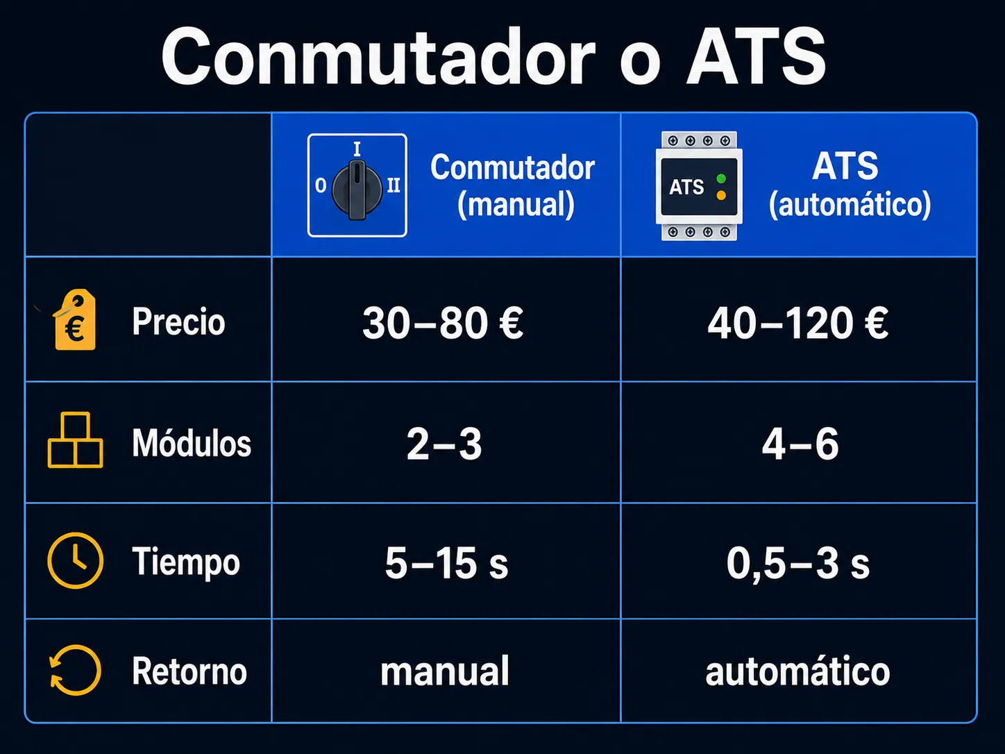 Conmutador de redes manual frente a ATS automático: precio 30-80 € frente a 40-120 €, 2-3 módulos frente a 4-6, conmutación manual en 5-15 segundos frente a automática en 0,5-3 segundos