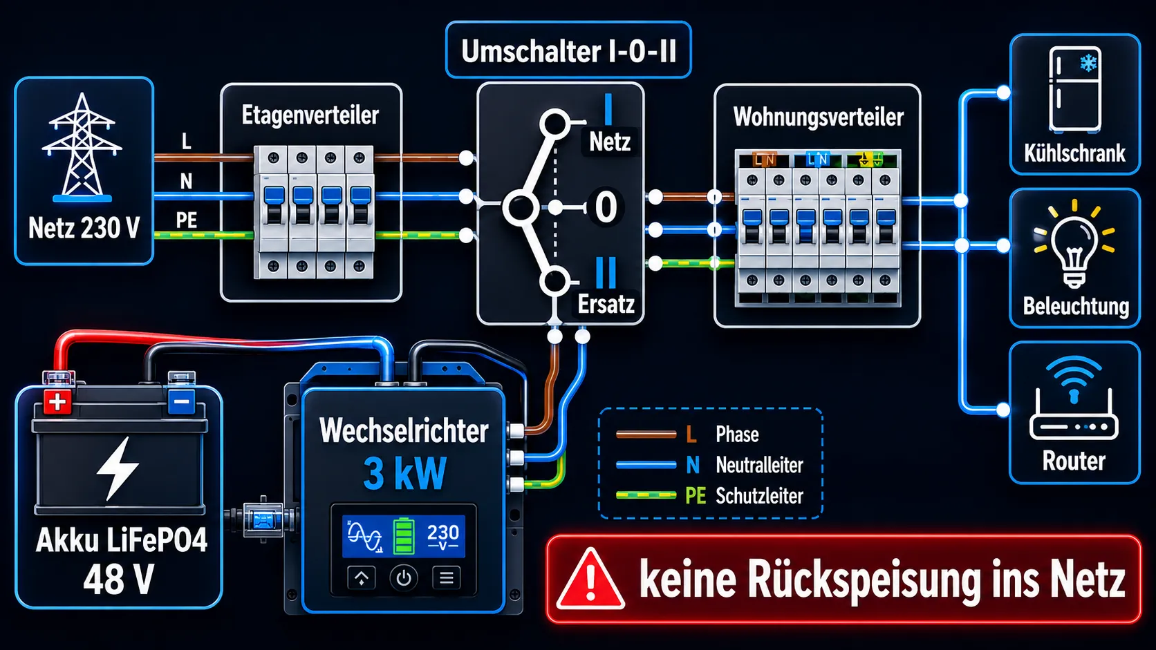 Schaltbild der Notstrom-Einbindung über einen Netzumschalter: Netz 230 V, Etagenverteiler, Umschalter I-0-II, Wechselrichter 3 kW, LiFePO4-Akku 48 V, Wohnungsverteiler und Verbraucher (Kühlschrank, Beleuchtung, Router)