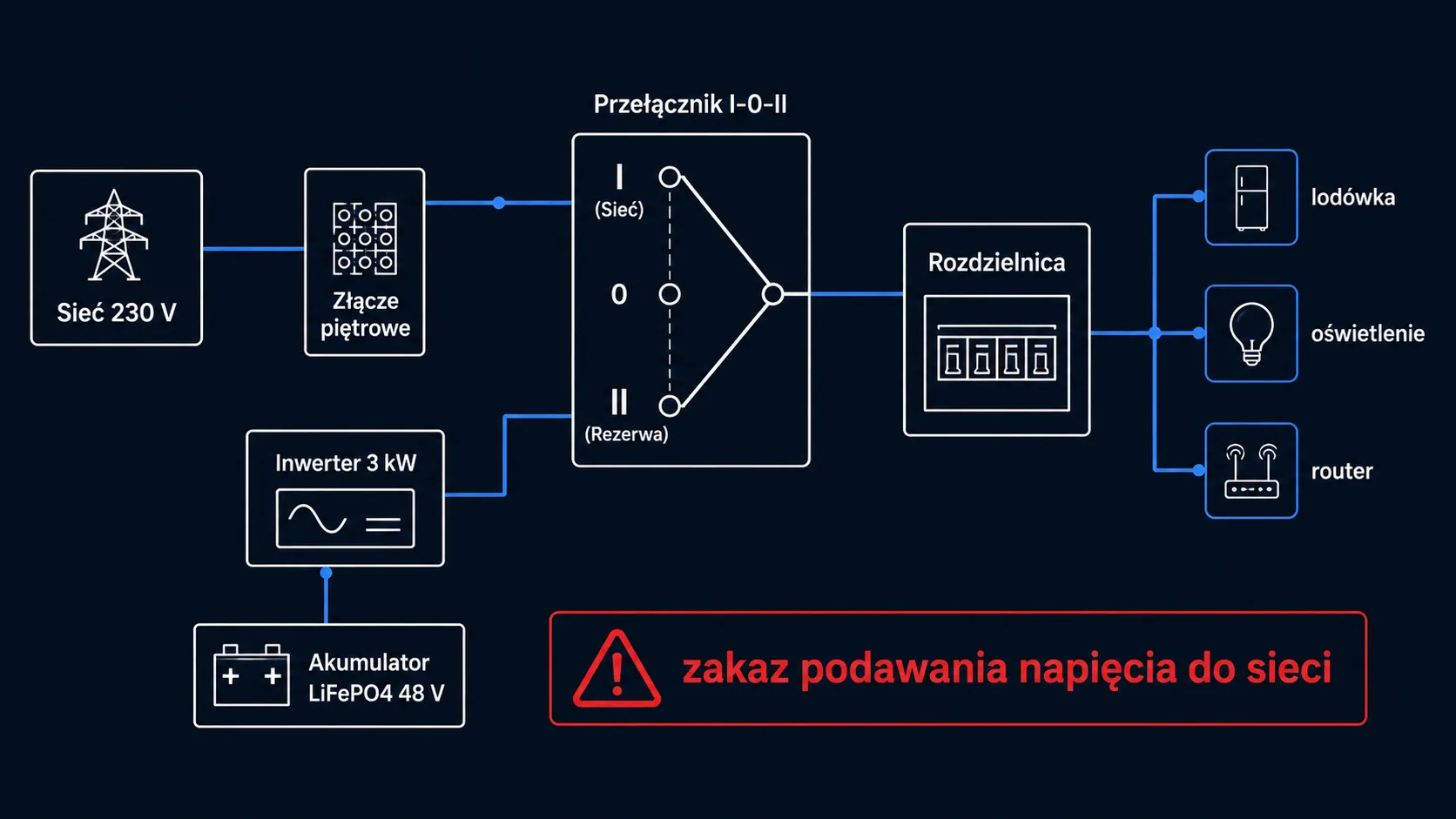 Schemat podłączenia inwertera do rozdzielnicy mieszkaniowej przez przełącznik źródeł zasilania: sieć 230 V, złącze piętrowe, przełącznik I-0-II, inwerter 3 kW, akumulator LiFePO4 48 V, rozdzielnica mieszkaniowa i odbiorniki (lodówka, oświetlenie, router)