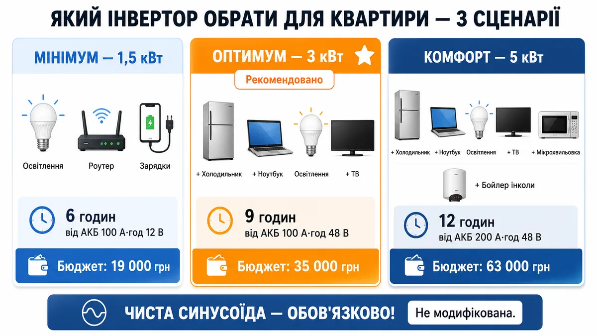 Три сценарії інвертора для квартири: мінімум 1,5 кВт (19 000 грн, 6 годин), оптимум 3 кВт (35 000 грн, 9 годин) та комфорт 5 кВт (63 000 грн, 12 годин)