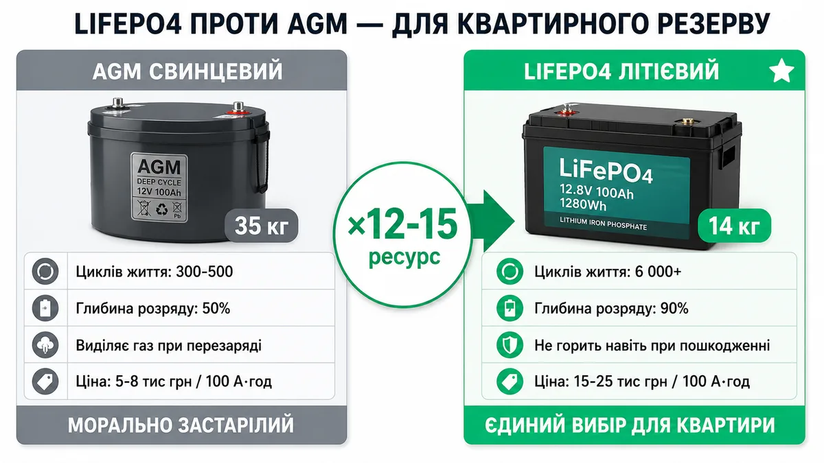 Порівняння акумуляторів LiFePO4 і свинцевого AGM: ресурс 6000+ циклів проти 300-500, розряд 90% проти 50%, вага 14 кг проти 35 кг — LiFePO4 у 12-15 разів довговічніший
