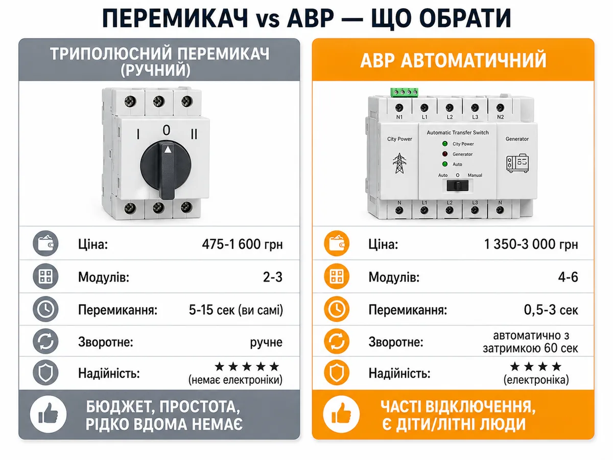 Триполюсний перемикач проти АВР: ціна 475-1600 грн проти 1350-3000 грн, 2-3 модулі проти 4-6, ручне перемикання за 5-15 секунд проти автоматичного 0,5-3 сек