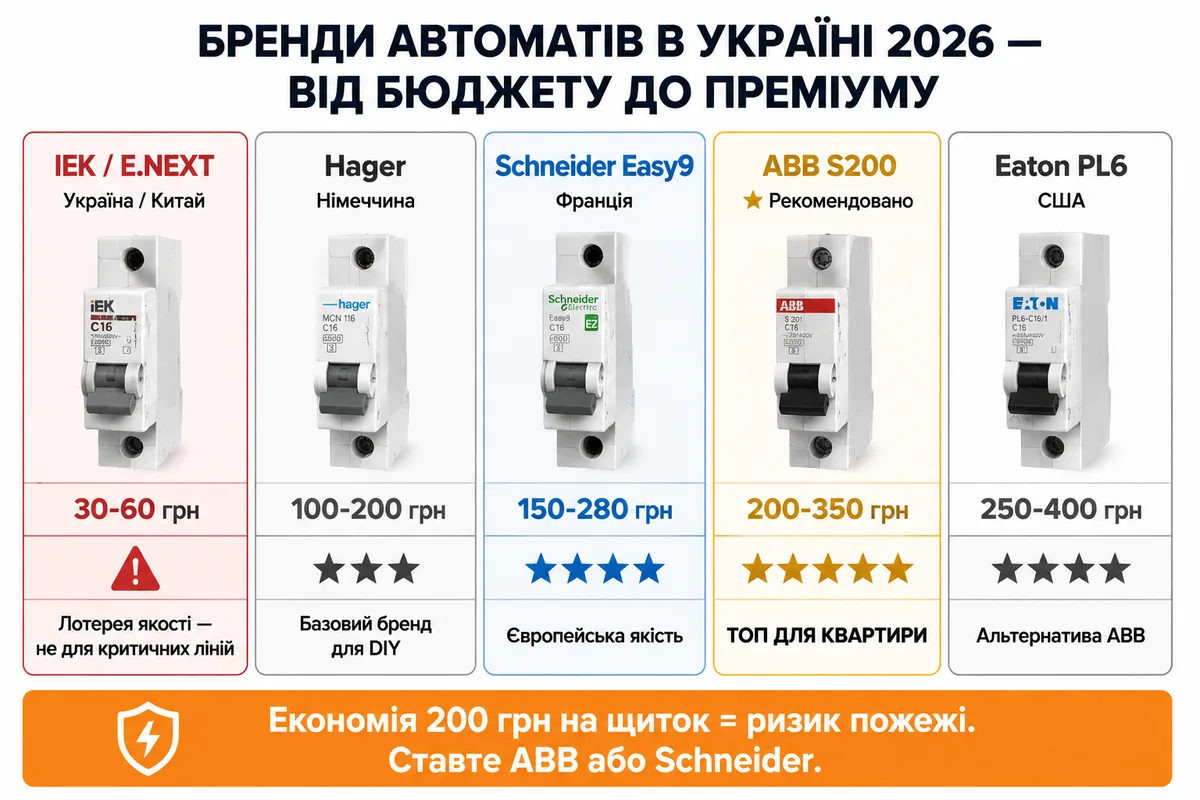 Бренди автоматів в Україні 2026 від бюджету до преміуму: IEK/E.NEXT (30-60 грн, лотерея), Hager (100-200), Schneider Easy9 (150-280), ABB S200 (200-350, ★ топ), Eaton PL6 (250-400)