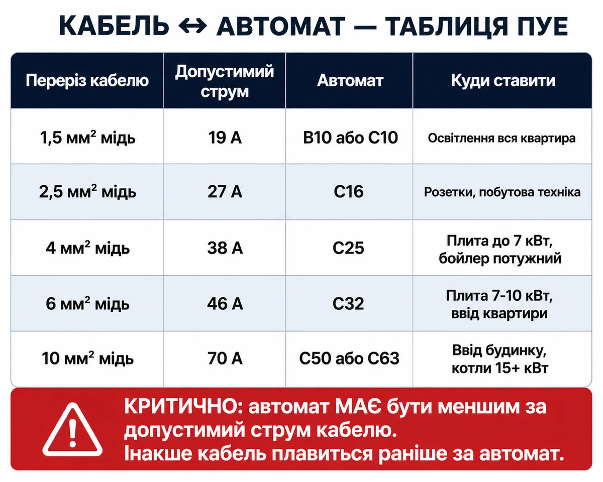Таблиця ПУЕ узгодження кабелю та автомата: переріз 1,5 мм² → B10/C10, 2,5 мм² → C16, 4 мм² → C25, 6 мм² → C32, 10 мм² → C50/C63 з зазначенням де ставити