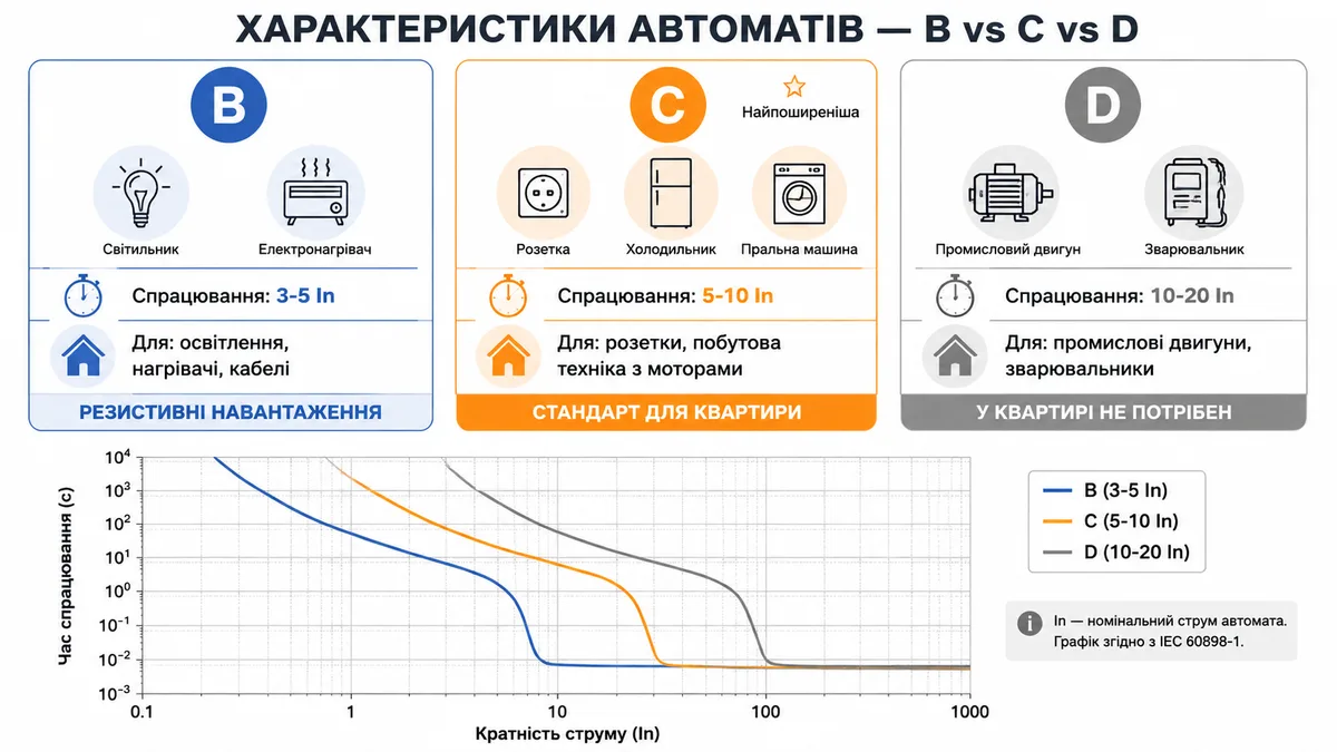 Характеристики автоматів B, C та D — порівняння кривих спрацювання: B (3-5 In) для освітлення та нагрівачів, C (5-10 In) — стандарт для квартири з розетками й мотор-технікою, D (10-20 In) — промислові навантаження