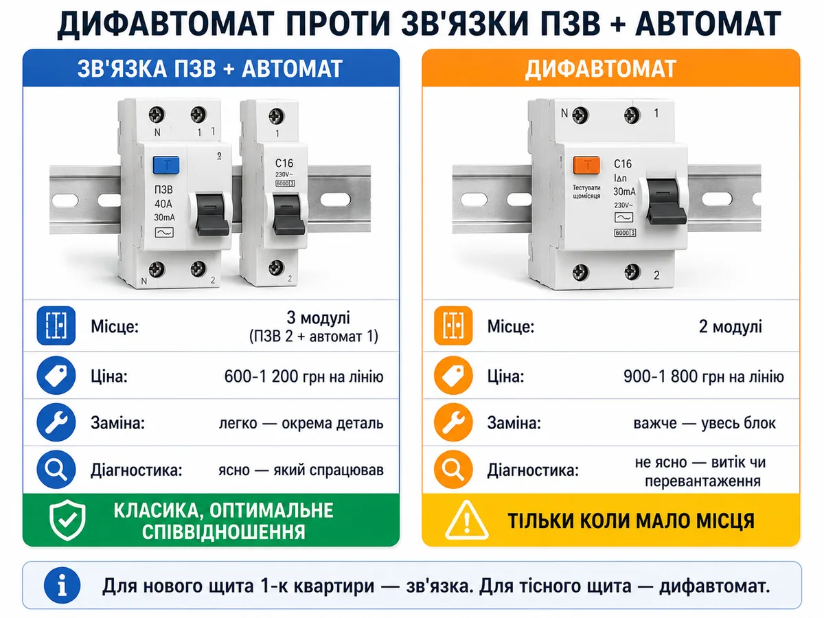 Порівняння дифавтомата та зв'язки ПЗВ+автомат: дифавтомат займає 2 модулі і коштує 900-1800 грн, зв'язка — 3 модулі і 600-1200 грн з простішою діагностикою та заміною