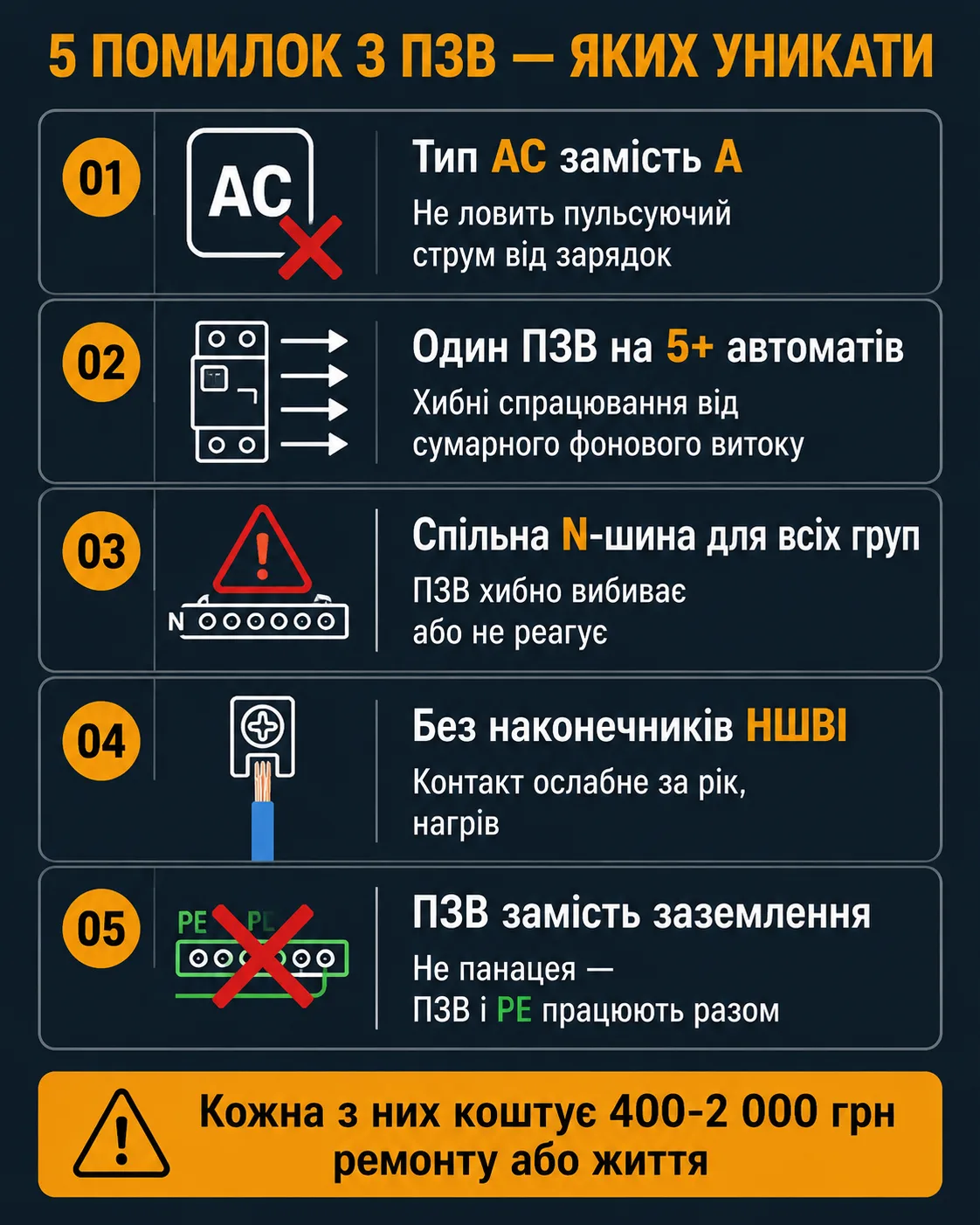 Топ-5 помилок при встановленні ПЗВ: тип AC замість A, перевантаження одним ПЗВ, спільна N-шина для всіх груп, без наконечників НШВІ, ПЗВ як заміна заземлення