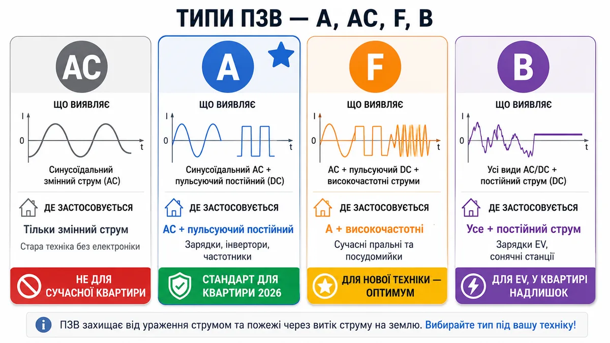 Чотири типи ПЗВ — AC, A, F, B — з формами струму, які кожен ловить: AC тільки чиста синусоїда (застарілий), A пульсуючий постійний струм (стандарт 2026), F високочастотні (нова техніка), B повний DC (тільки для електромобілів)