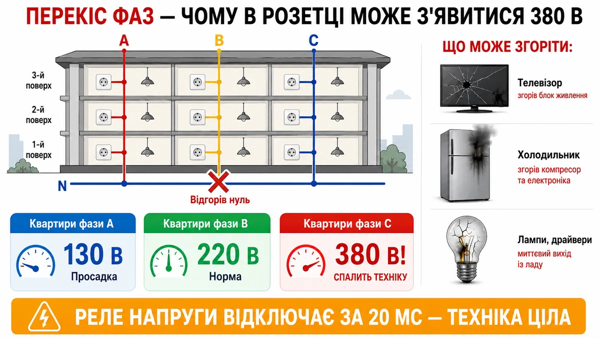 Схема перекосу фаз у багатоповерхівці: при відгорянні нуля на квартирах різних фаз з'являється 130 В (просадка), 220 В (норма) і 380 В (спалить техніку). Реле напруги відключає за 20 мс і зберігає техніку